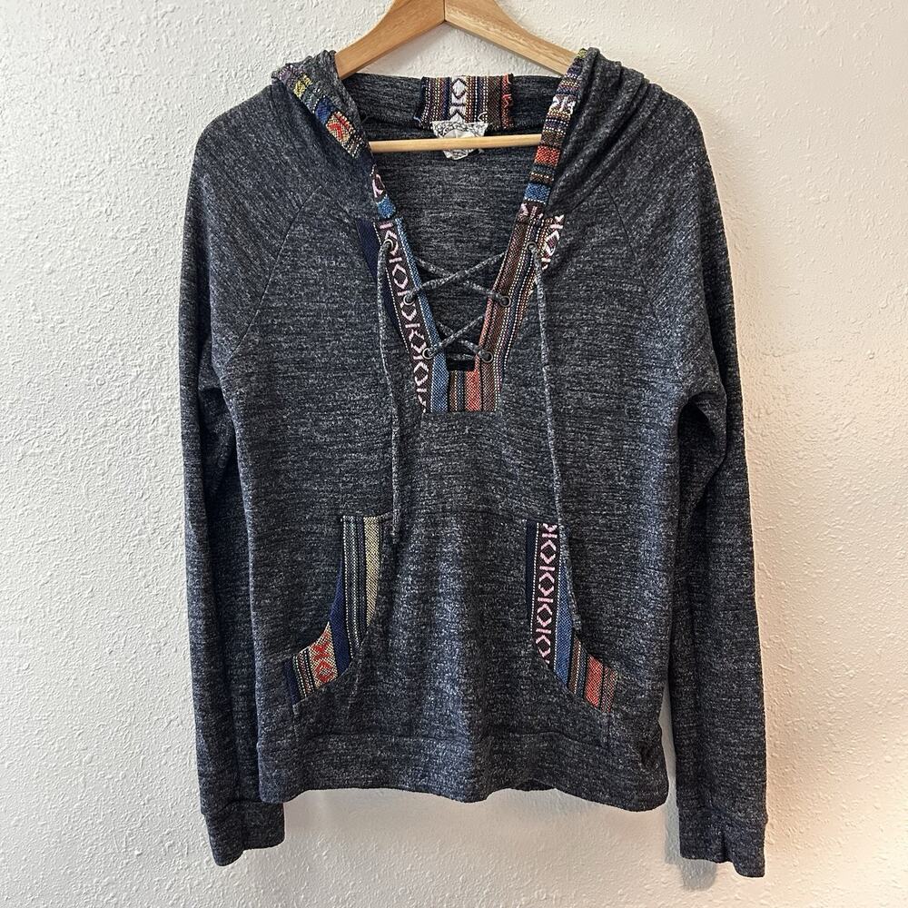 Skönhet Boho Baja Lace Up Pullover Hoodie Gray Multicolor Women’s Size M